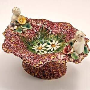 Vintage Italian Capodimonte Style Porcelain Pedestal Dish Cherubs Floral Gold